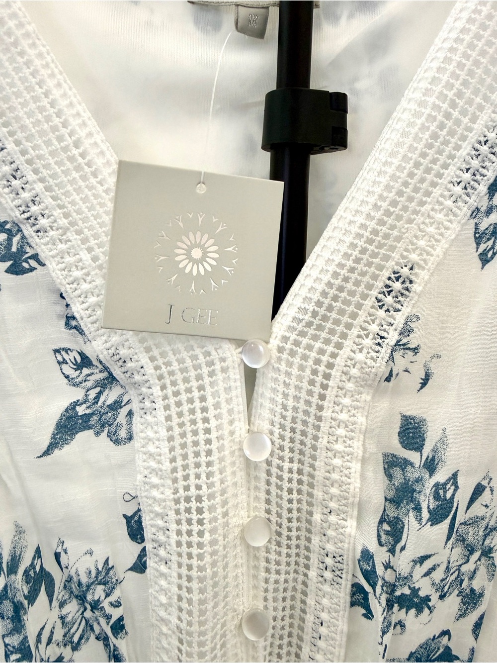 Smocked V-Neck White Maxi Dress with Blue Floral Print - Picture 2 of 7